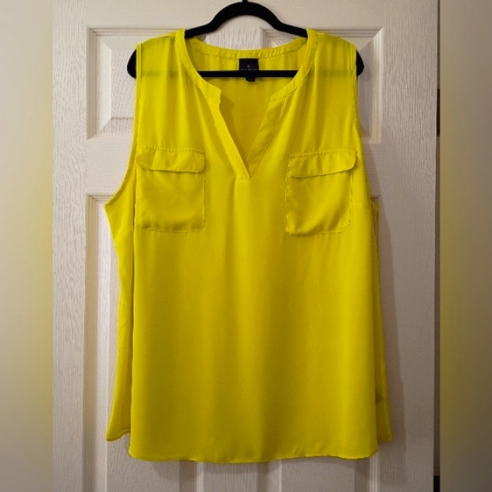 Worthington Vibrant Chartreuse Semi Sheer Yellow Sleeveless Blouse - Picture 2 of 6